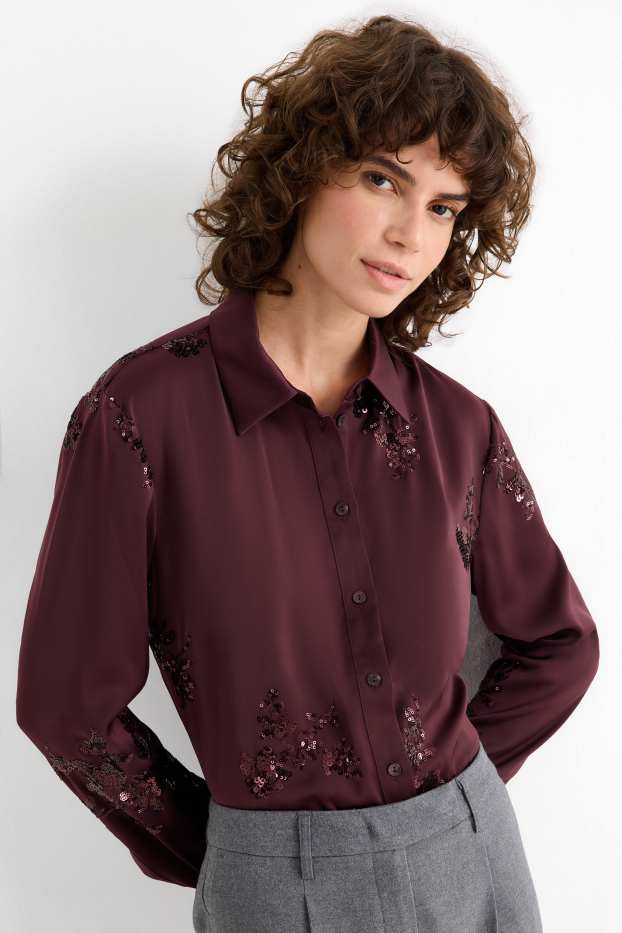 Femmes - Chemisier en satin - effet brillant - motif à fleurs - violet