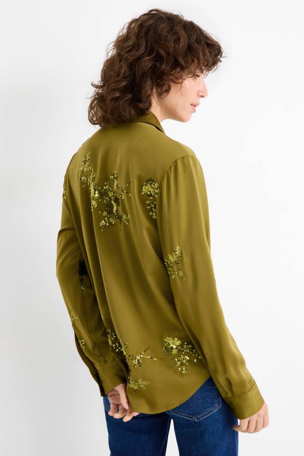 Femmes - Chemisier en satin - effet brillant - motif à fleurs - vert