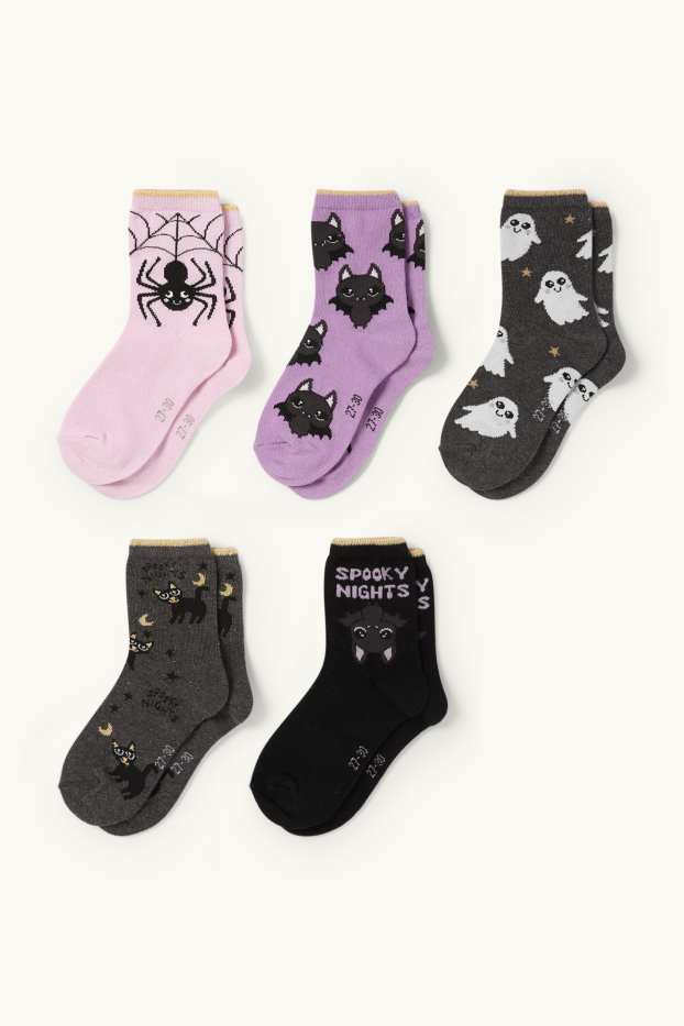 Bambine - Confezione da 5 - Halloween - calzini con motivi - nero / rosa