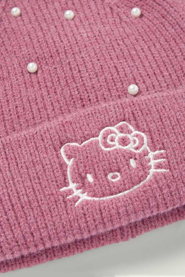 Kinder Mädchen - Hello Kitty - Mütze mit Perlen - gerippt - dunkelrosa