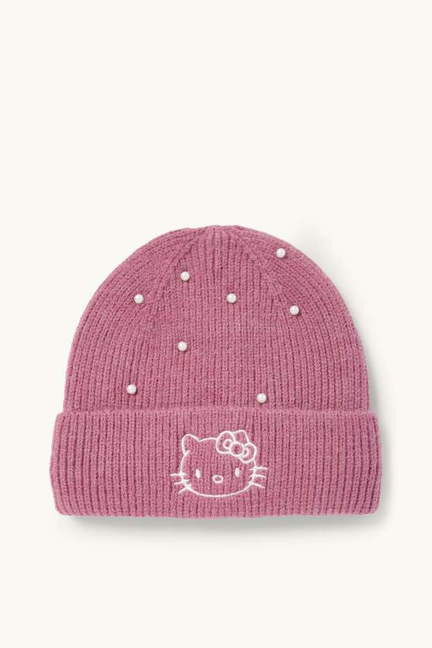 Kinder Mädchen - Hello Kitty - Mütze mit Perlen - gerippt - dunkelrosa