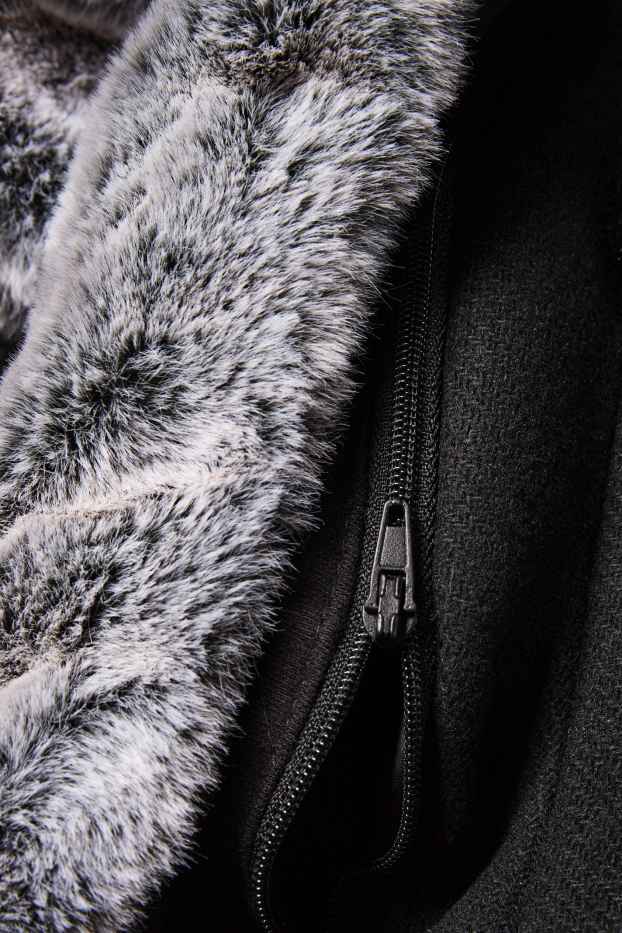 Heren - Mantel met imitatiebontrandje - zwart