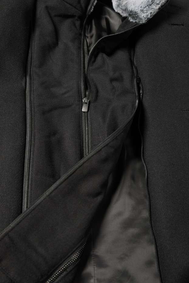 Heren - Mantel met imitatiebontrandje - zwart