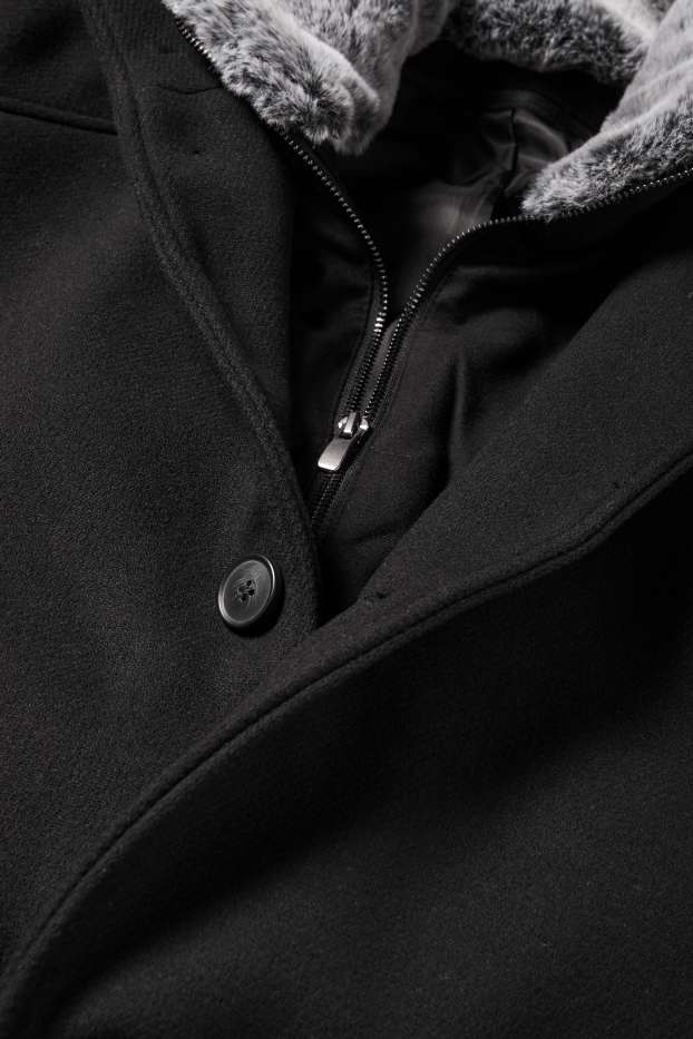 Heren - Mantel met imitatiebontrandje - zwart