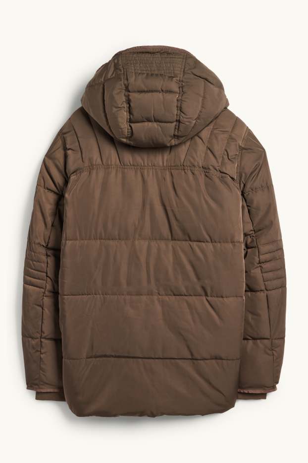 Pánské - Prošívaná parka s kapucí - tmavohnědá