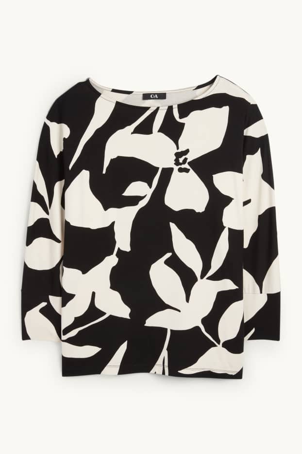 Dames - Longsleeve - regular fit - gebloemd - zwart / wit