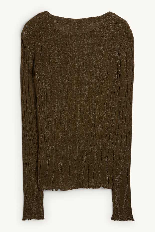 Dámské - Tričko s dlouhým rukávem - regular fit - žebrované - tmavozelená