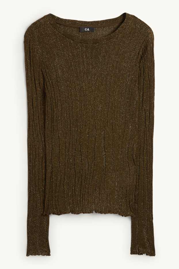 Dámské - Tričko s dlouhým rukávem - regular fit - žebrované - tmavozelená