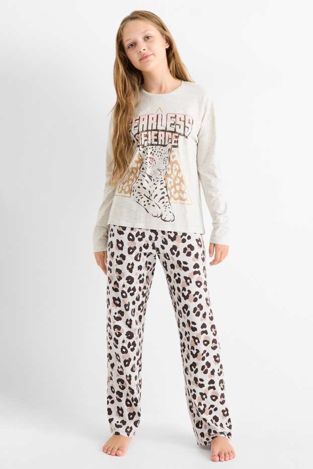 Enfants filles - Lot de 2 - pyjamas - 4 pièces - imprimé léopard - gris clair chiné