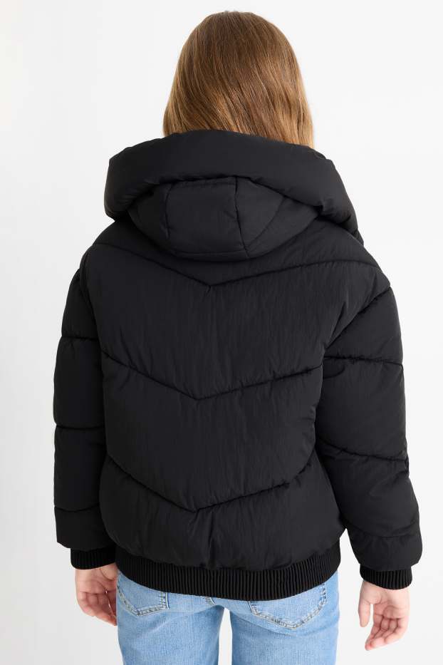 Kinder Mädchen - Steppjacke mit Kapuze - wasserabweisend - schwarz