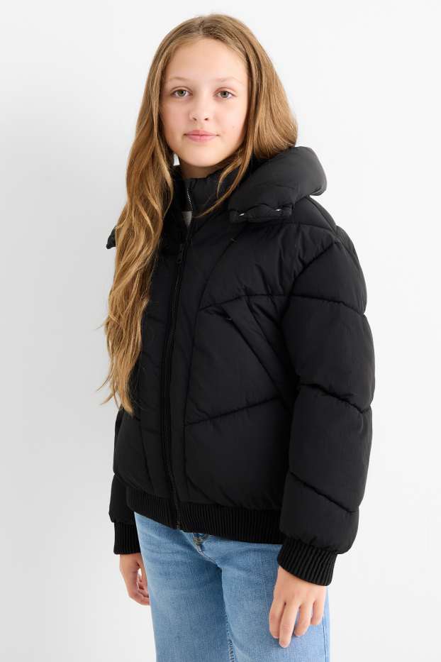 Kinder Mädchen - Steppjacke mit Kapuze - wasserabweisend - schwarz