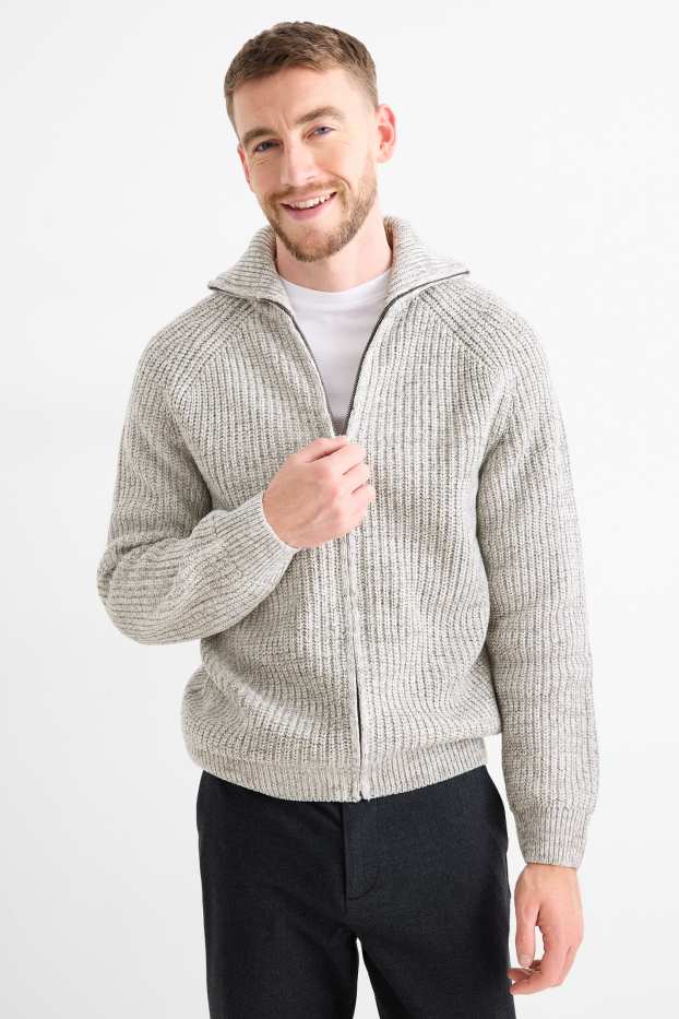 Men - Cardigan - ribbed - light gray