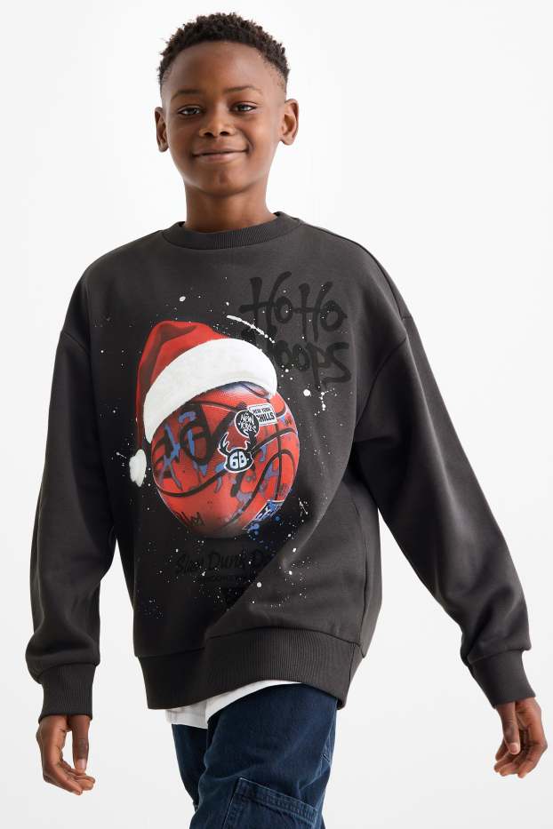 Copii - Băieți - Minge de baschet - bluză de molton cu motive de Crăciun - gri închis