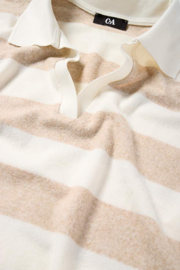 Women - Long sleeve polo shirt - knitted - striped - white / beige