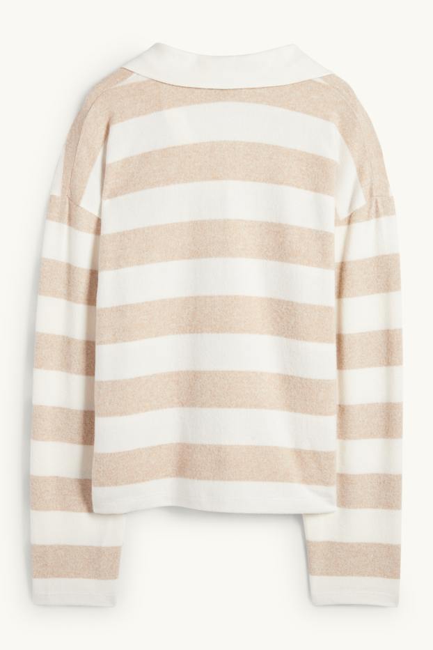 Women - Long sleeve polo shirt - knitted - striped - white / beige