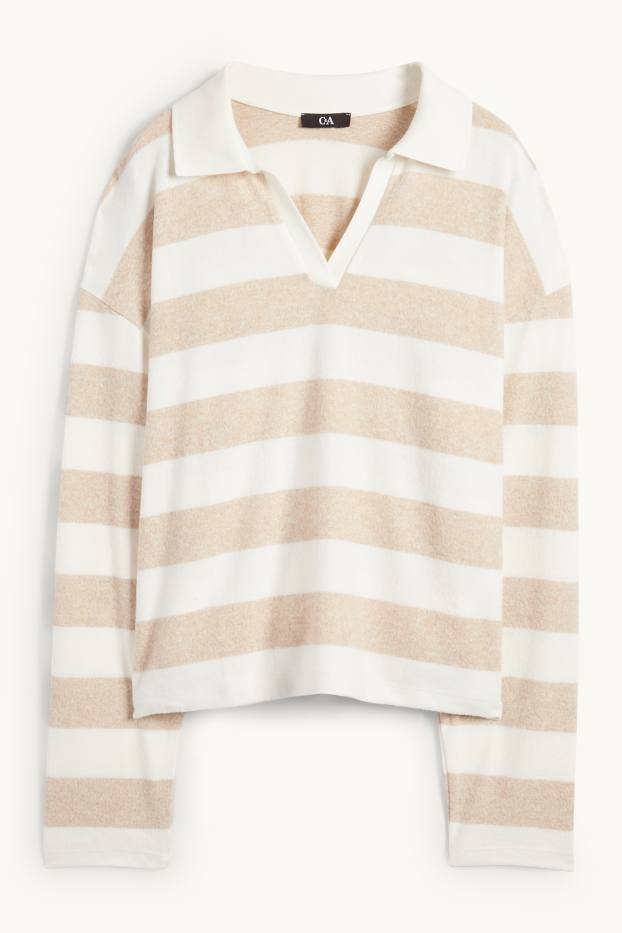 Women - Long sleeve polo shirt - knitted - striped - white / beige
