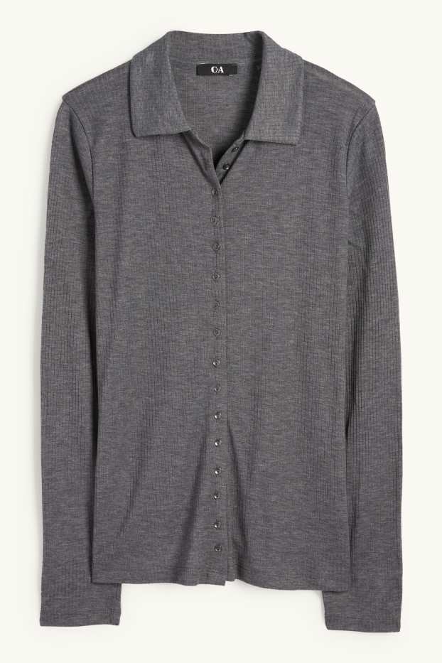 Donna - Polo a maniche lunghe - regular fit - a costine - grigio