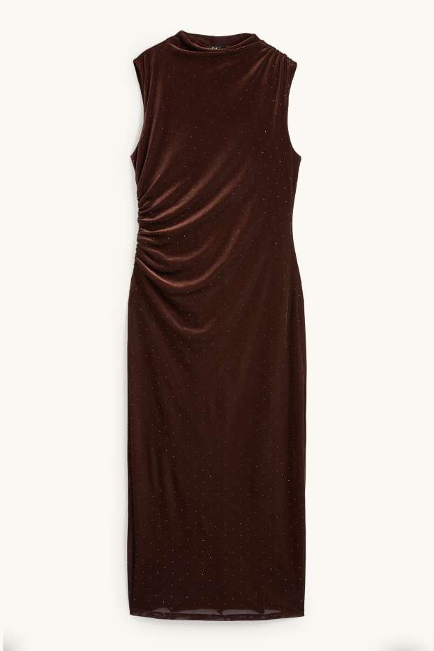 Dames - Fluwelen bodycon jurk met strass-steentjes - donkerbruin