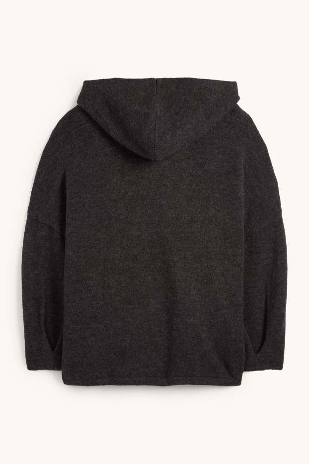 Dámské - Pletený kardigan s kapucí - tmavošedá