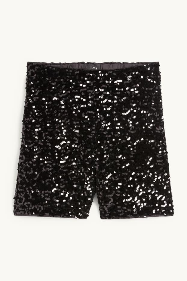 Damen - Pailletten-Shorts - High Waist - schwarz