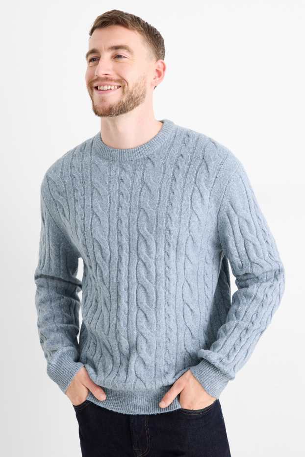 Men - Jumper - cable knit pattern - light blue