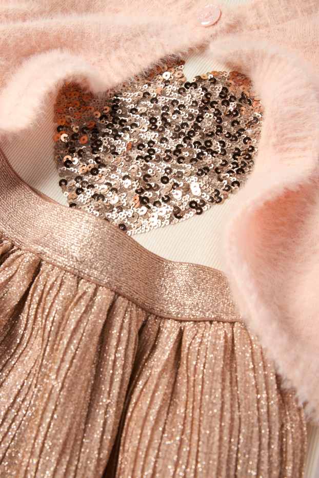 Enfants filles - Ensemble - haut à manches longues, gilet en maille, jupe et collants - rose