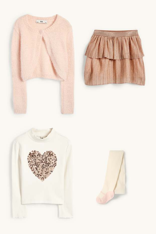 Enfants filles - Ensemble - haut à manches longues, gilet en maille, jupe et collants - rose