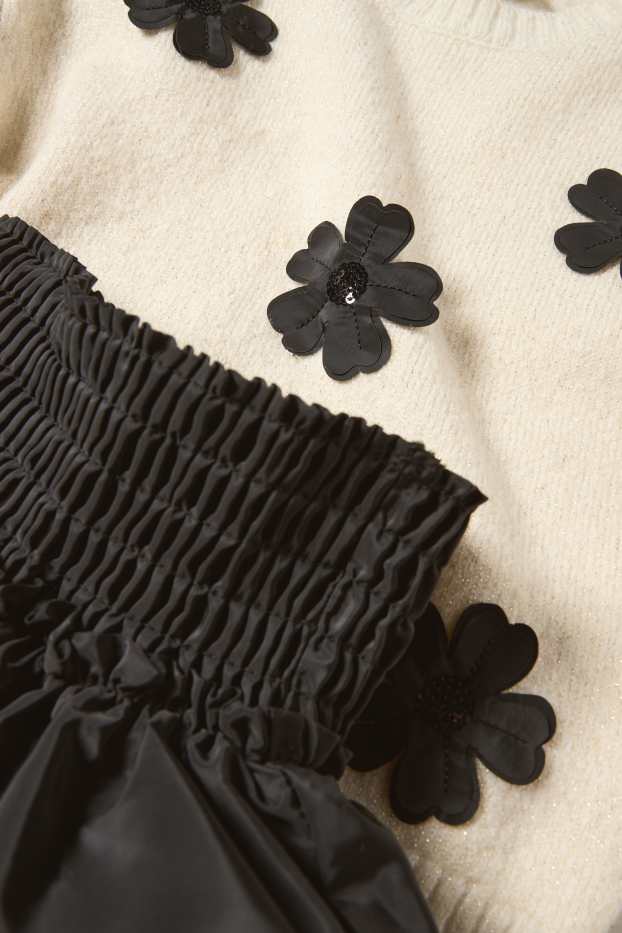 Enfants filles - Fleur - ensemble - pull, jupe et collants - 3 pièces - noir / beige