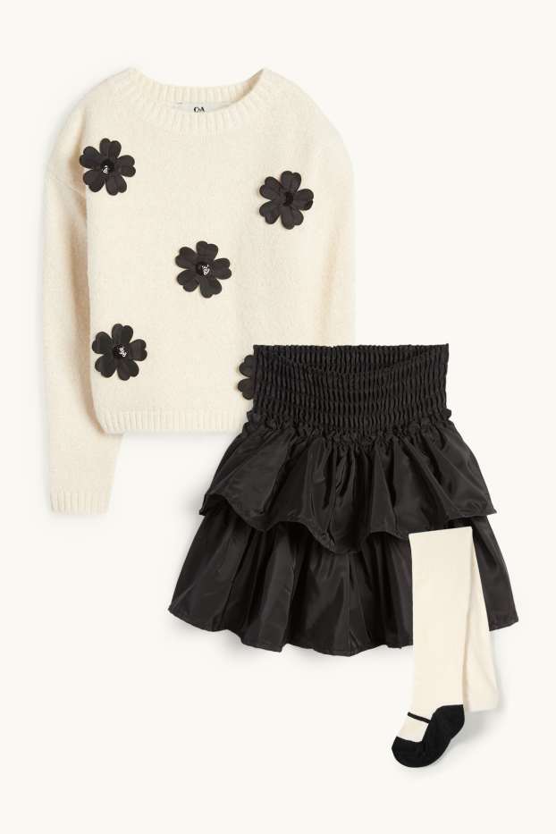 Enfants filles - Fleur - ensemble - pull, jupe et collants - 3 pièces - noir / beige