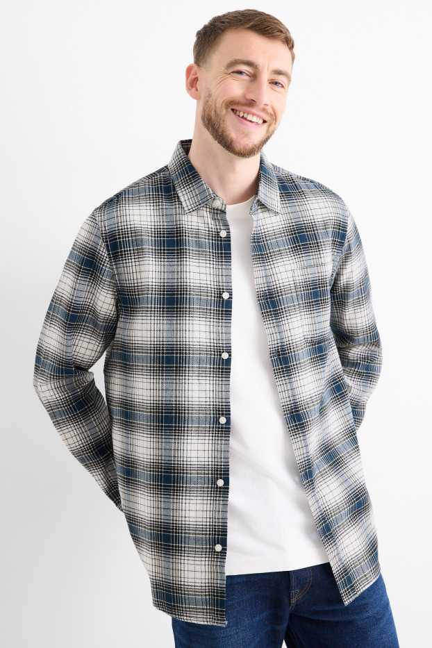 Men - Flannel shirt - regular fit - kent collar - check - blue