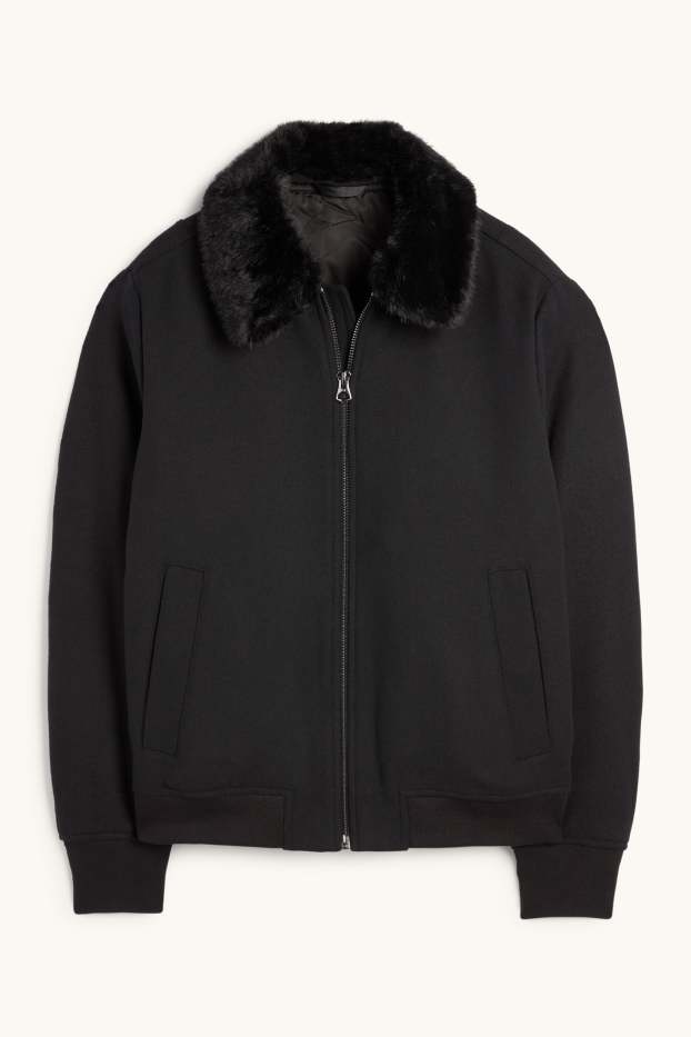 Heren - Jas met imitatiebontrandje - zwart