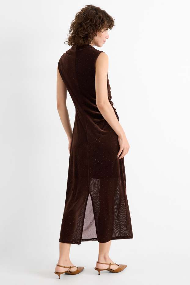 Dames - Fluwelen bodycon jurk met strass-steentjes - donkerbruin