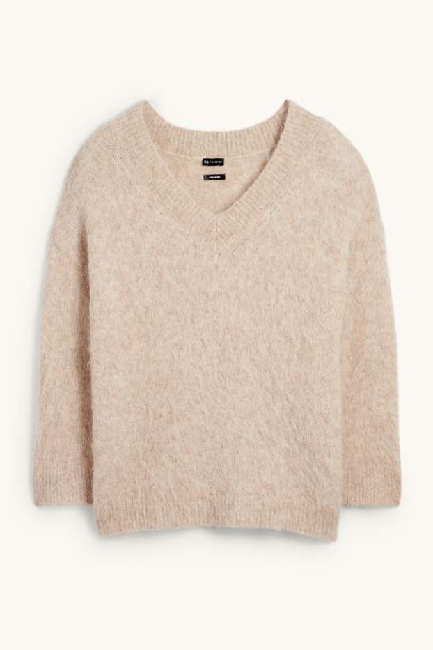 Femmes - Pull avec encolure en V - alpaga mélangé - beige