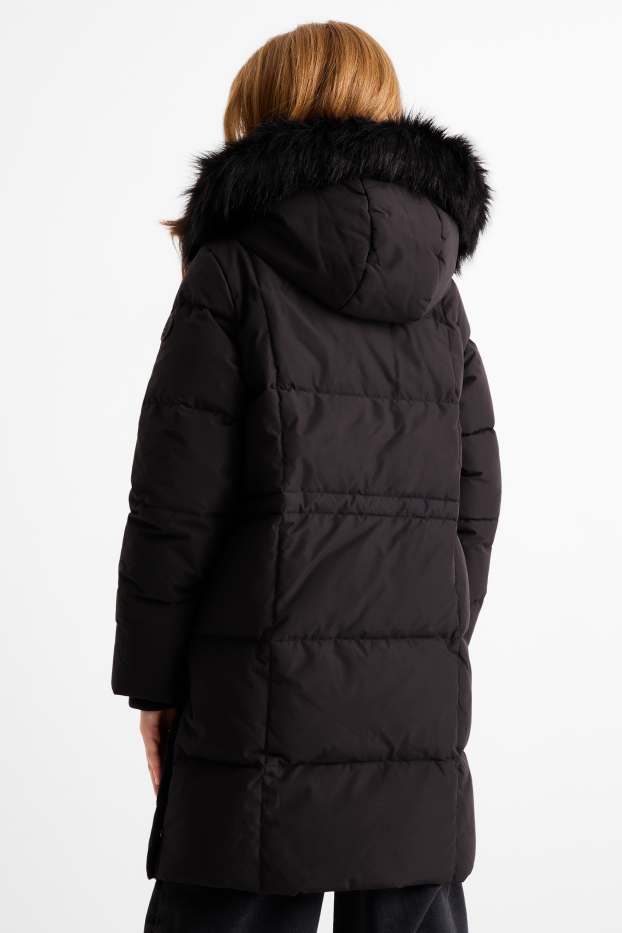 Kinder Mädchen - Daunenjacke mit Kapuze und Kunstfellbesatz - schwarz