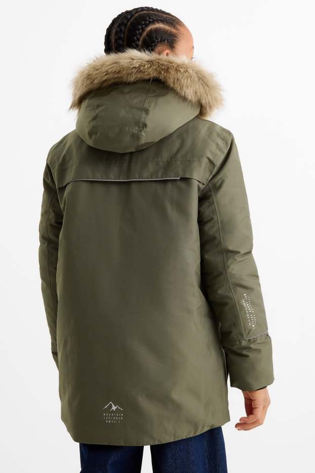 Kinderen: jongens - Regenjas met capuchon en imitatiebontrandje - gevoerd - kaki