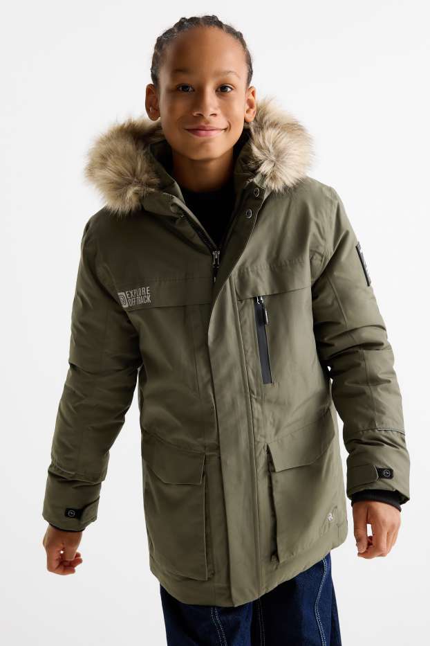 Kinderen: jongens - Regenjas met capuchon en imitatiebontrandje - gevoerd - kaki