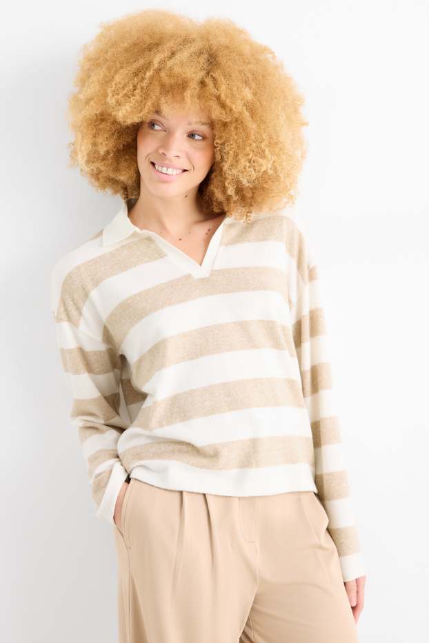 Women - Long sleeve polo shirt - knitted - striped - white / beige