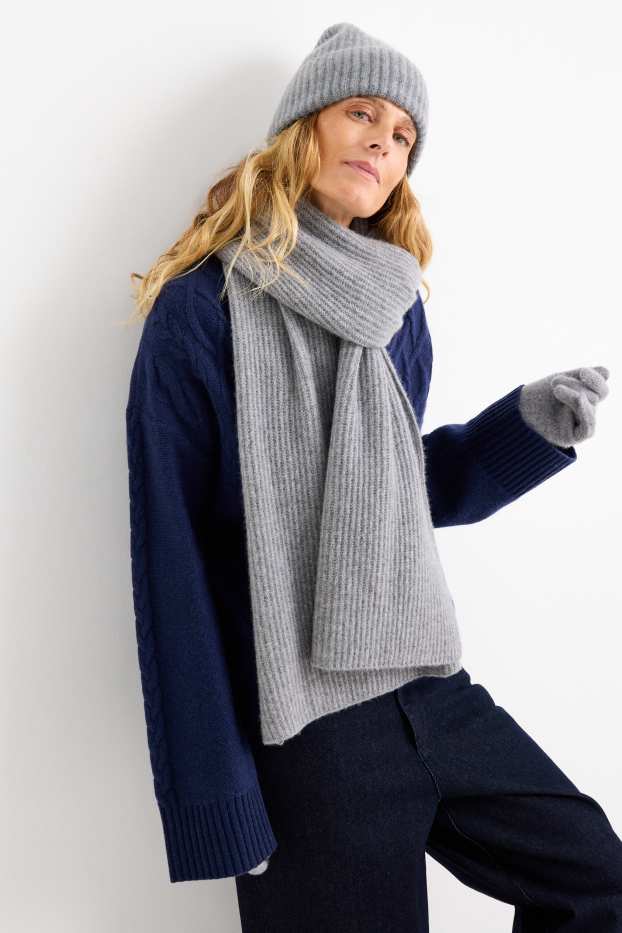 Femmes - Beanie en cachemire - finition côtelée - gris