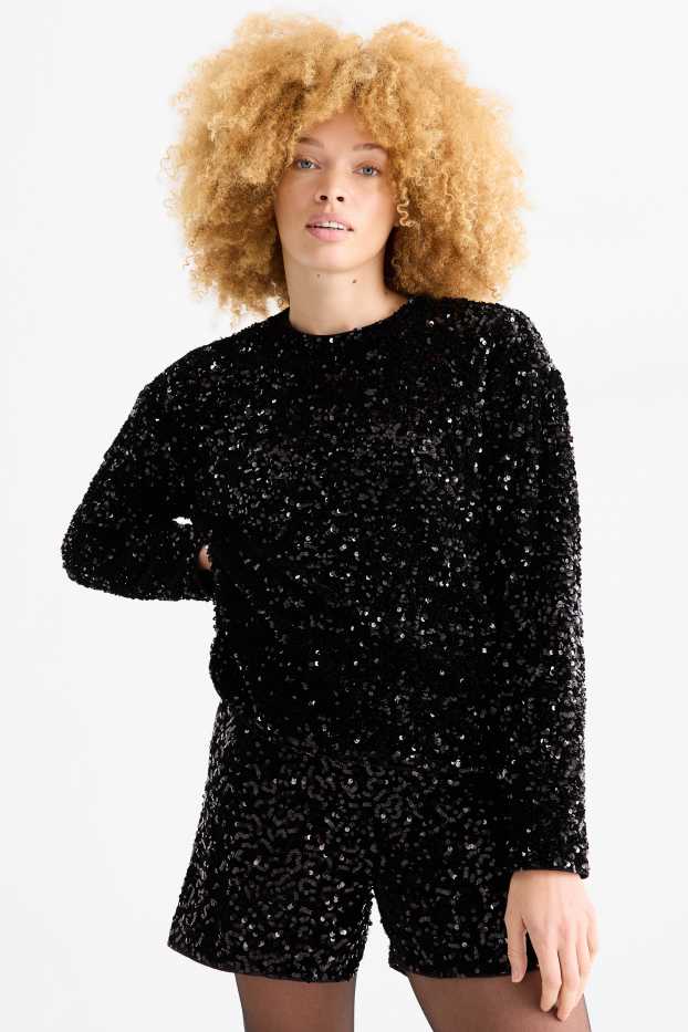 Damen - Pailletten-Langarmshirt - Regular Fit - schwarz