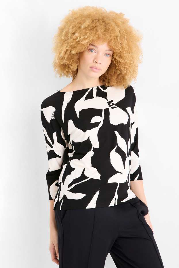 Dames - Longsleeve - regular fit - gebloemd - zwart / wit