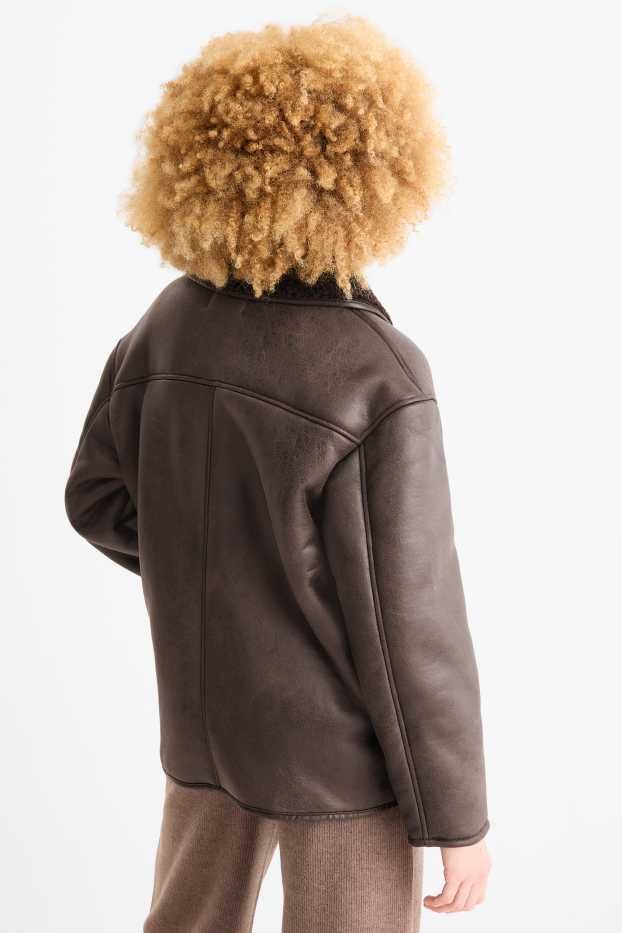 Dames - Shearling jas - imitatieleer - donkerbruin