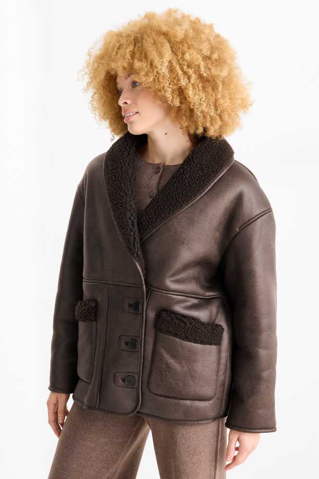 Dames - Shearling jas - imitatieleer - donkerbruin