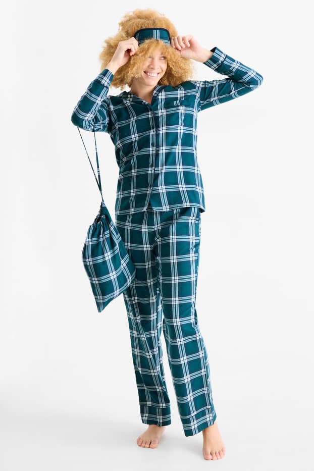 Women - Set - Christmas flannel pyjamas, sleep mask and cloth bag - dark green