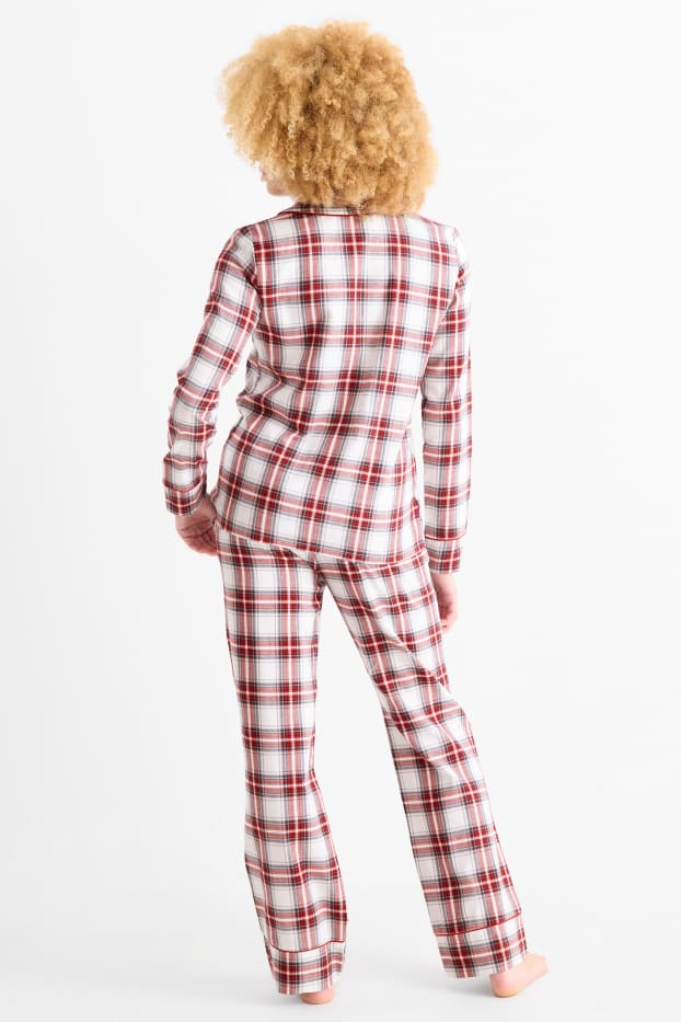 Dames - Set - flanellen kerstpyjama, slaapmasker en stoffen tasje - wit / rood