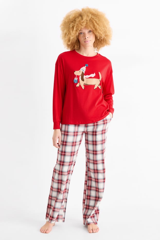 Femmes - Pyjama de Noël avec pantalon en flanelle - teckel - rouge