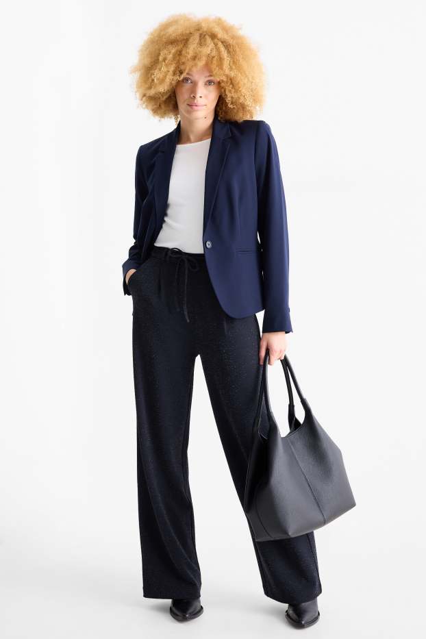 Dames - Broek van jersey - high waist - wide leg - donkerblauw