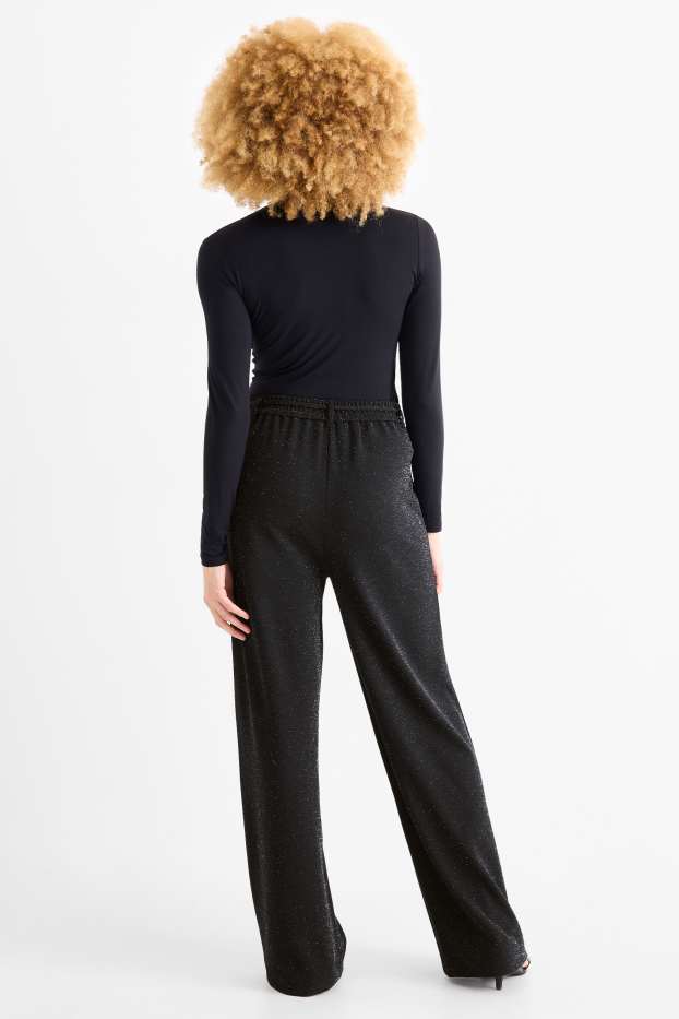 Dona - Pantalons de punt - high waist - wide leg - negre