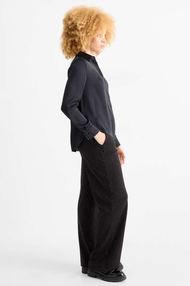 Dames - Broek - high waist - wide leg - glanseffect - zwart