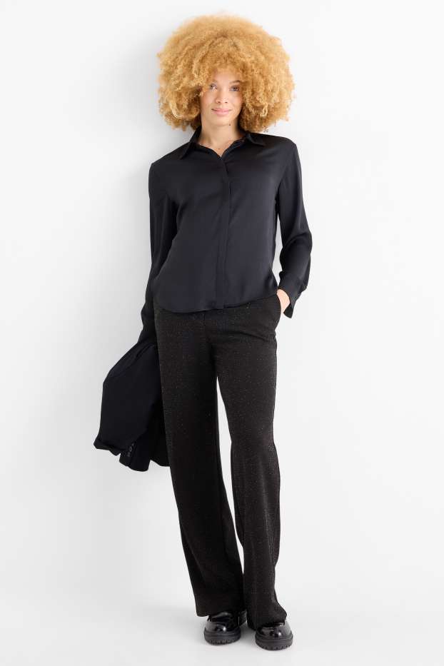 Dames - Broek - high waist - wide leg - glanseffect - zwart