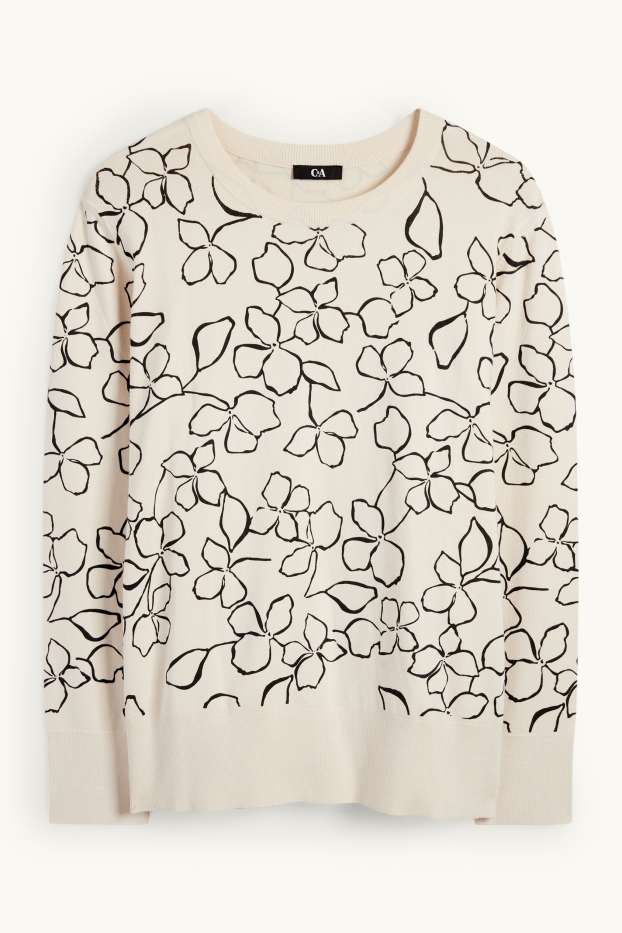 Dames - Trui - gebloemd - zwart / beige